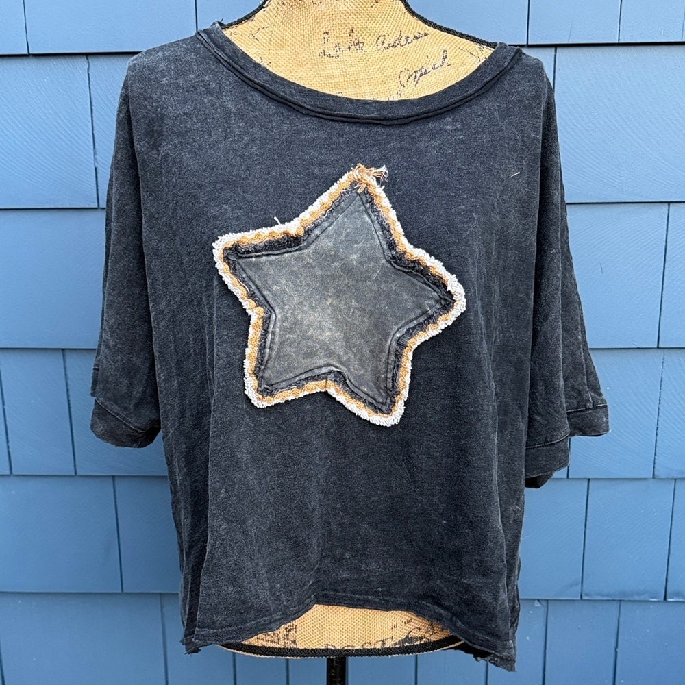 SHEIN Black Star Patch Top XL cotton star shirt